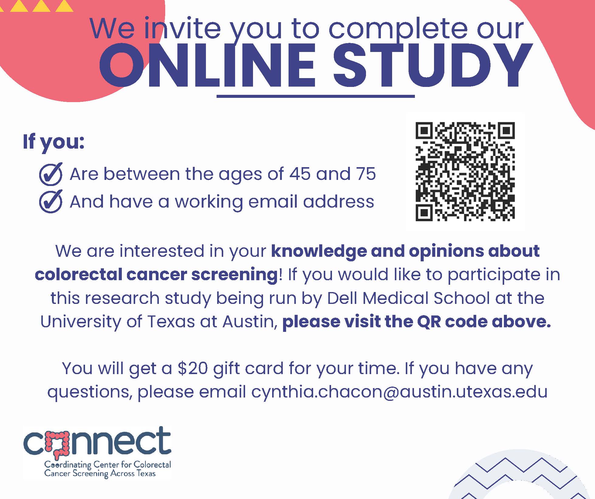 Flyer for online study regarding colorectal cancer screening.